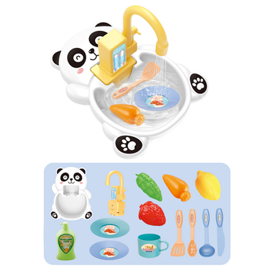 Fidtoy Panda Electric Kitchen Sink Circulating Water Pretend Play Set Plastic Role Play Sink Toy with 14 Accessories for Kids Ages 2-6