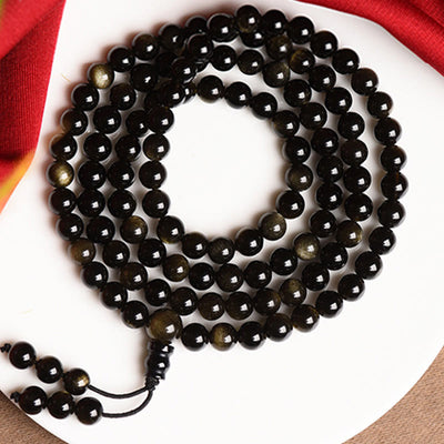 Buddha Stones 108 Mala Beads Natural Gold Sheen Obsidian Wealth Bracelet Mala Bracelet BS 11
