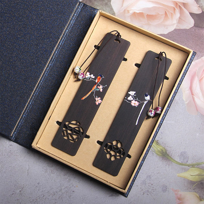 Buddha Stones Oriole Bird Flower Ebony Wood Bookmarks With Gift Box Bookmarks BS 2Pcs Ebony Oriole Bird