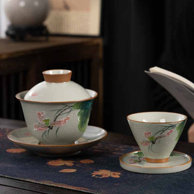 Buddha Stones Lotus Koi Fish Pod Leaf Ceramic Gaiwan Sancai Teacup Kung Fu Tea Cup And Saucer With Lid 140ml Cup BS 16