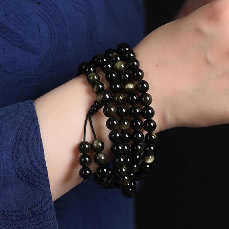 Buddha Stones 108 Mala Beads Natural Gold Sheen Obsidian Wealth Bracelet Mala Bracelet BS 10