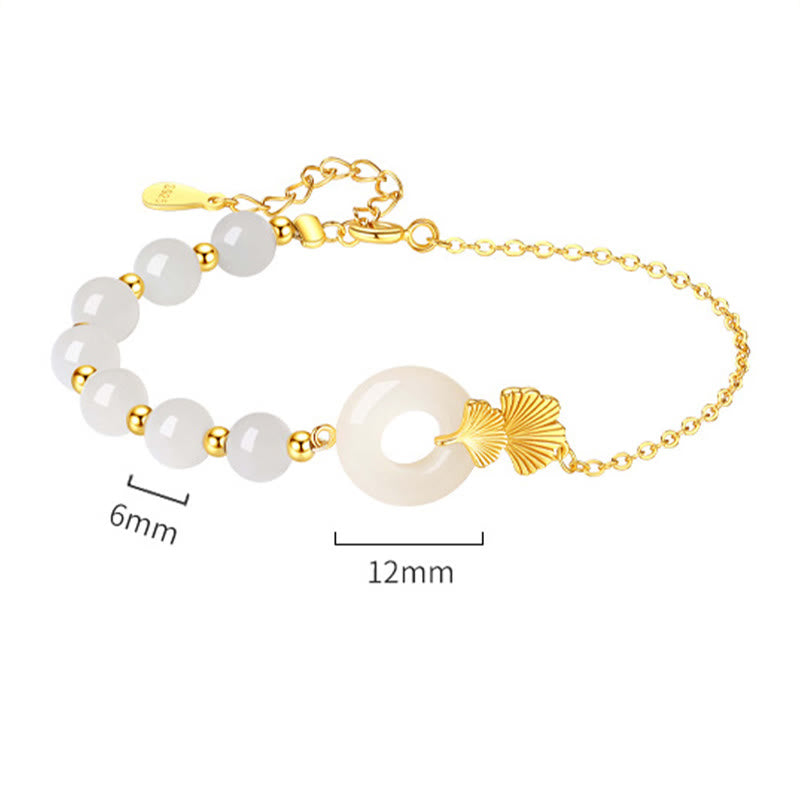 Buddha Stones 925 Sterling Silver Hetian White Jade Peace Buckle Ginkgo Leaf Luck Bracelet Bracelet BS 10