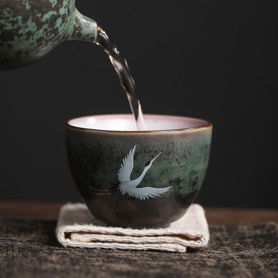 Buddha Stones Auspicious Crane Ceramic Teacup Kung Fu Tea Cup Bowl Cup BS 9
