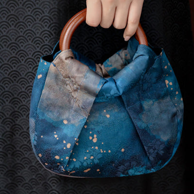 Buddha Stones Handmade Jacquard Flower Blue Wooden Handle Handbag Handbags BS 2