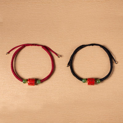 Buddha Stones Tibetan Cinnabar Om Mani Padme Hum Engraved Blessing Braided Rope Bracelet Bracelet BS 14