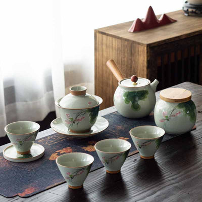 Buddha Stones Lotus Koi Fish Pod Leaf Ceramic Gaiwan Sancai Teacup Kung Fu Tea Cup And Saucer With Lid 140ml Cup BS 21