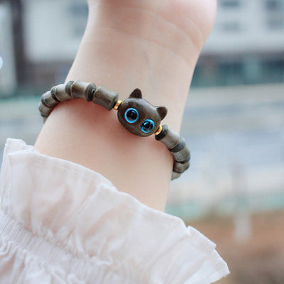 Buddha Stones Ebony Wood Green Sandalwood Cute Cat Peace Bracelet Bracelet BS 6