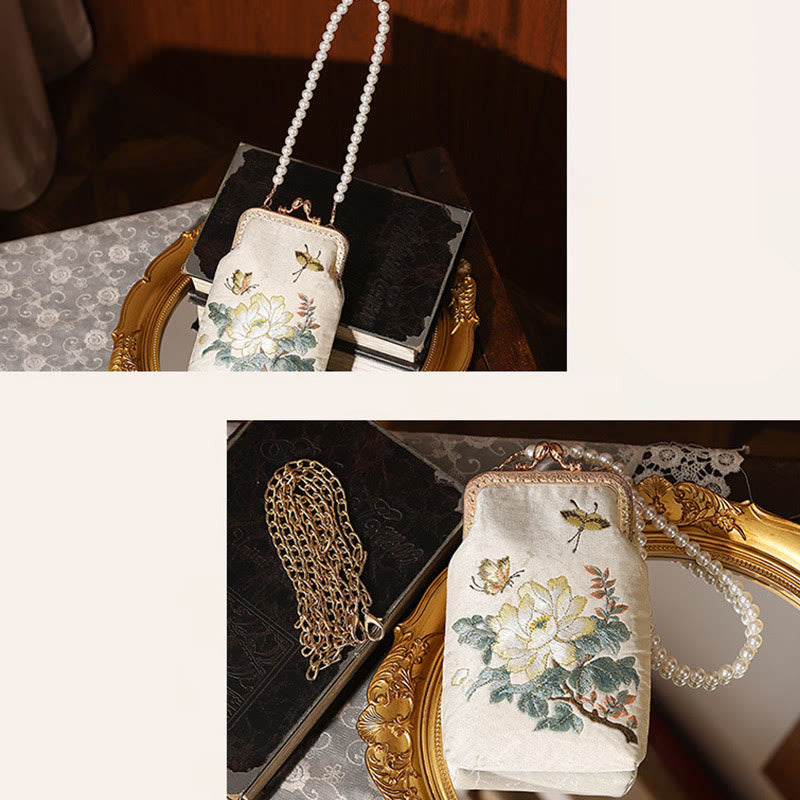 Buddha Stones Small Flowers Butterfly Embroidered Pearl Metal Chain Shoulder Bag Crossbody Handbag Cellphone Bag Crossbody Bag BS 8