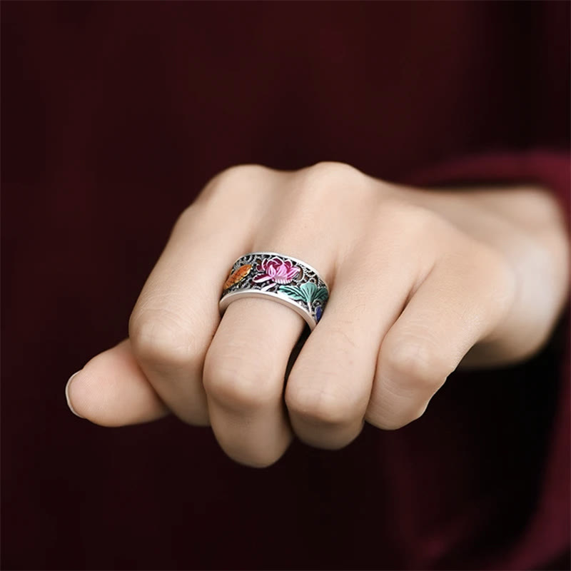 Buddha Stones Copper Blue Enamel Lotus Heart Sutra Koi Fish Luck Ring Ring BS 4