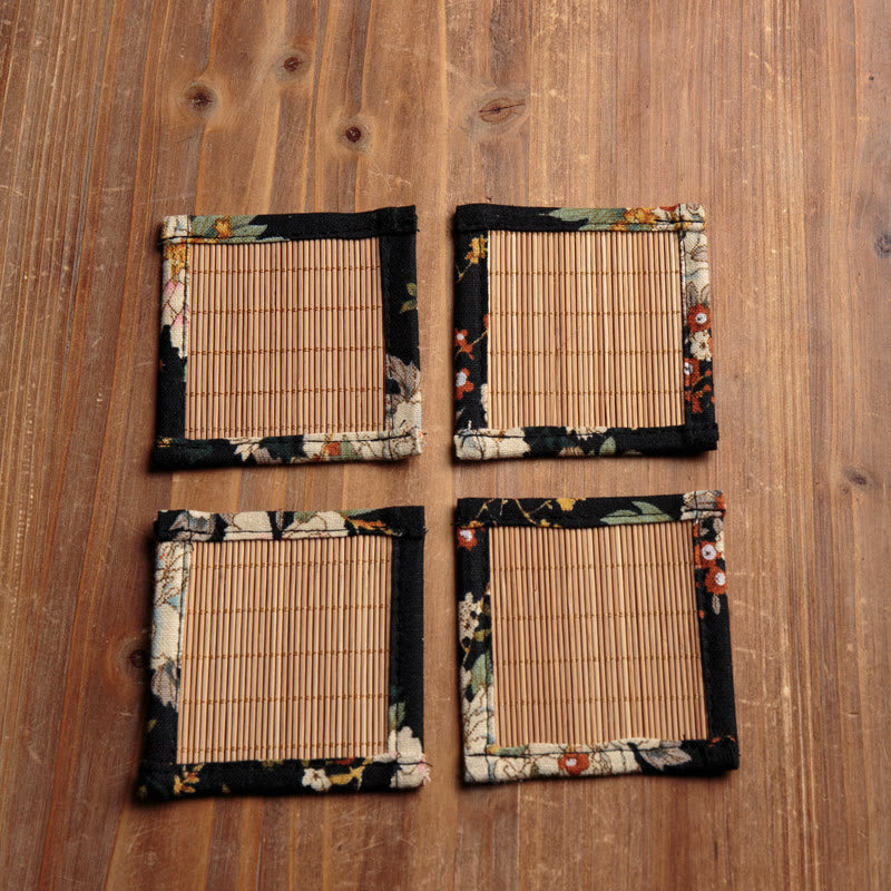 Buddha Stones Vintage Peony Flower Blossom Bamboo Cup Mat Pad Tea Cup Coaster Kung Fu Tea Mat Tea Mat BS Beige Coasters(4Pcs) 8*8cm