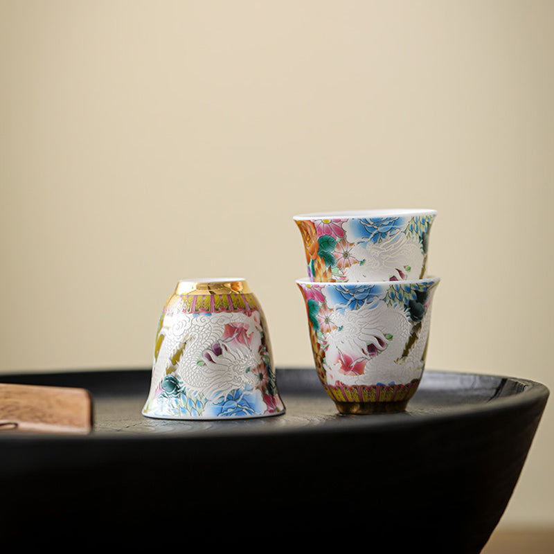 Buddha Stones Dragon Phoenix Flowers Ceramic Teacup Kung Fu Tea Cup 50ml Cup BS 2