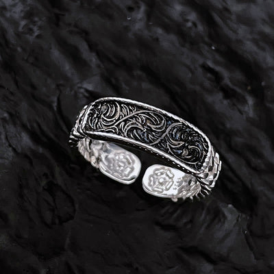 Buddha Stones Tang Dynasty Flower Design Engraved Copper Luck Cuff Bracelet Bangle Adjustable Ring Bracelet Bangle BS Silver Tang Dynasty Flower Design Ring