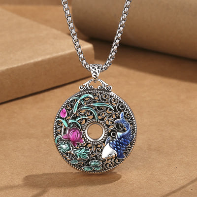 Buddha Stones Koi Fish Lotus Peace Buckle Fu Character Wealth Luck Necklace Pendant Necklaces & Pendants BS Lotus Koi Fish&Chain