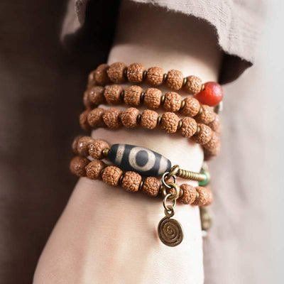 Buddha Stones 108 Mala Rudraksha Beads Bodhi Seed Dzi Bead Luck Auspiciousness Tassel Bracelet Bracelet Mala BS 7