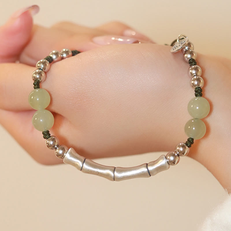 Buddha Stones 925 Sterling Silver Natural Jade Fu Character Bamboo Abundance Bracelet Bracelet BS 1