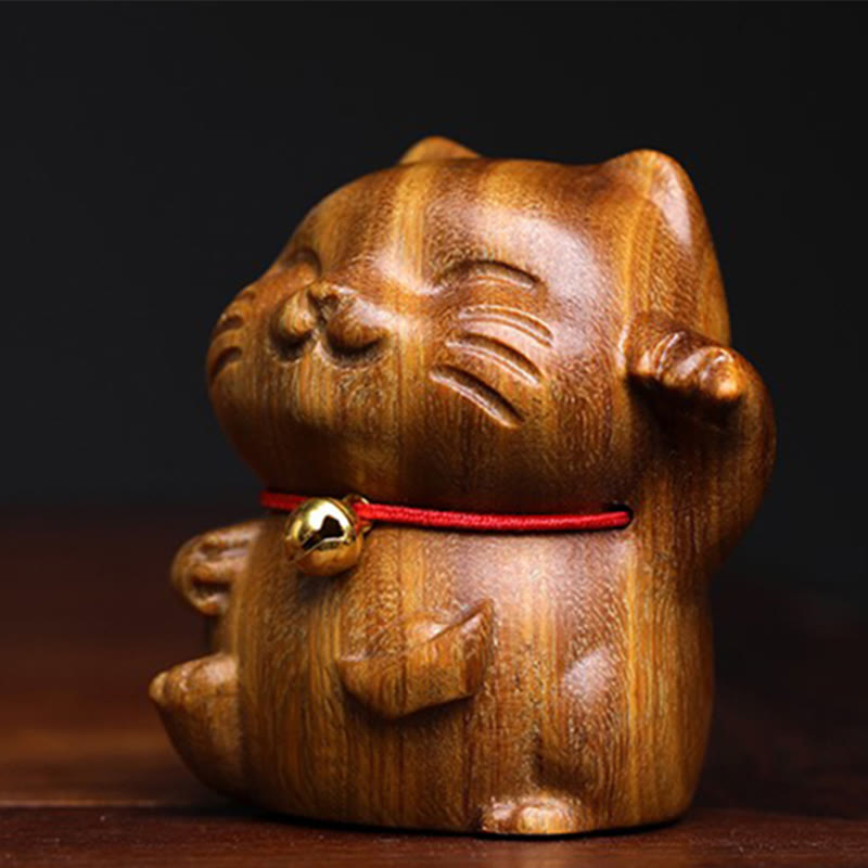 Buddha Stones Green Sandalwood Small Mini Cute Lucky Cat Peace Decorations Decorations BS 6