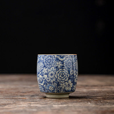 Buddha Stones Vintage Lotus Peony Plum Blossom Chrysanthemum Ceramic Teacup Tea Cups Cup BS 5.8cm*6.1cm*95ml