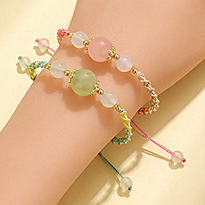 Buddha Stones Strawberry Quartz Pink Crystal Prehnite White Agate Bead Healing Rope Bracelet 14