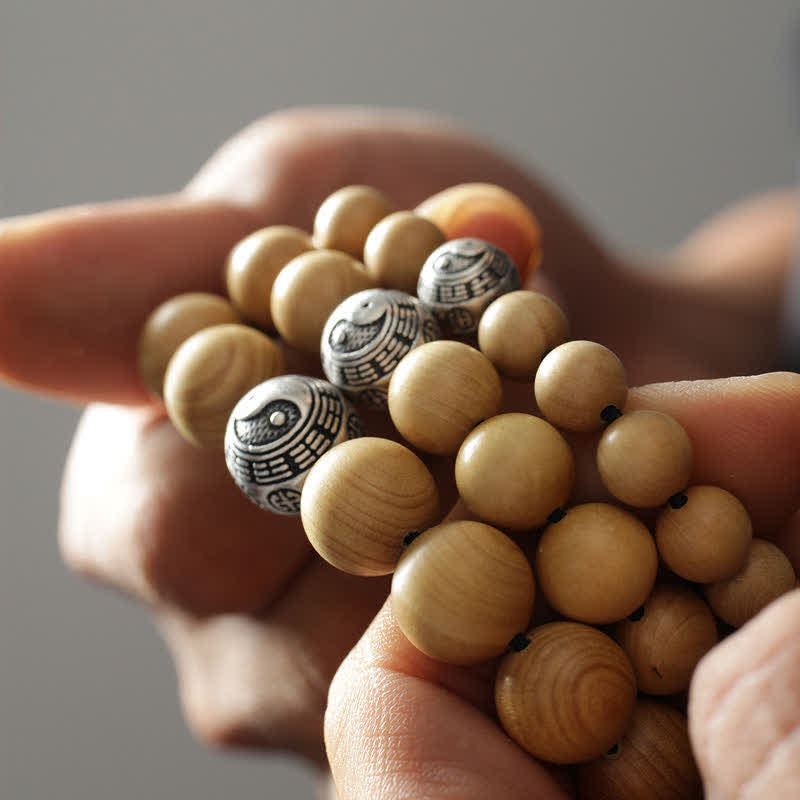 Buddha Stones Tibet Peach Wood Lotus Cinnabar Bagua Yin Yang Luck Wealth Bracelet Bracelet BS 1