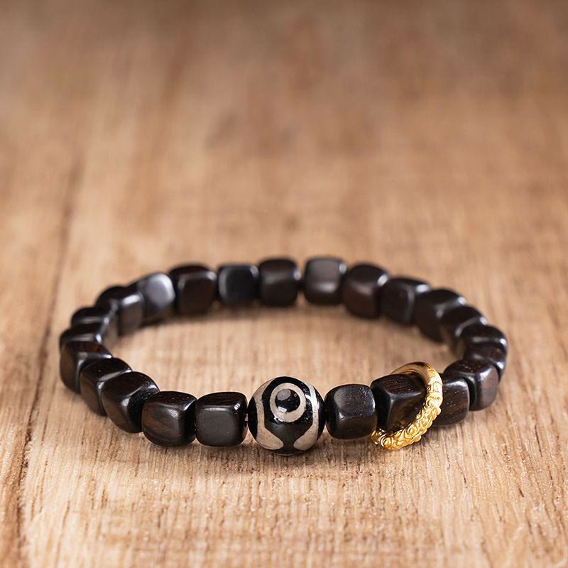 Buddha Stones Tibetan Ebony Wood Dzi Bead Balance Calm Bracelet Bracelet BS Ebony Wood&Dzi Bead(Wrist Circumference 14-16cm)