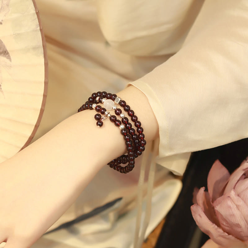 Buddha Stones 925 Sterling Silver Natural Garnet Cat Eye Protection Triple Wrap Bracelet Bracelet BS 6