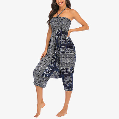 Buddha Stones Two Style Wear Elephant Pattern Loose Smocked Harem Trousers Jumpsuit Women's Yoga Pants Harem Pants&Bodysuit BS 39