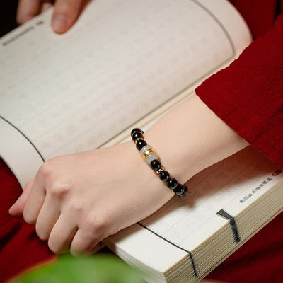 Buddha Stones Black Obsidian Jade Om Mani Padme Hum Strength Couple Magnetic Bracelet Bracelet BS 4
