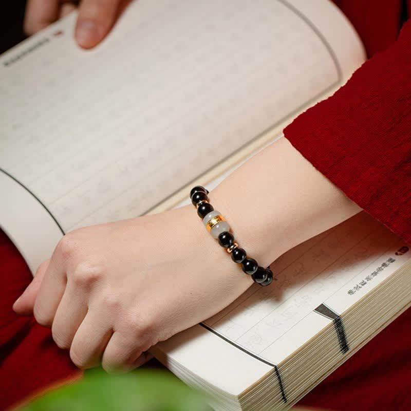 Buddha Stones Black Obsidian Jade Om Mani Padme Hum Strength Couple Magnetic Bracelet Bracelet BS 4