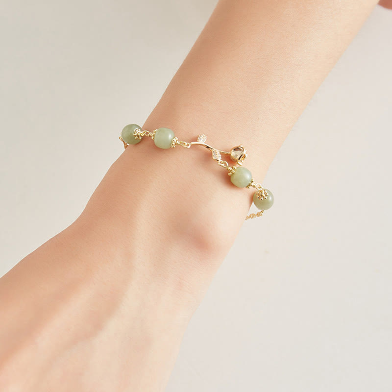 Buddha Stones 14K Gold Plated Hetian Jade Golden Rose Flower Luck Chain Bracelet Bracelet BS 9