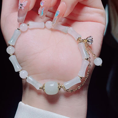 Buddha Stones Tianshan White Jade Bamboo Pattern Luck Blessing Bracelet 13