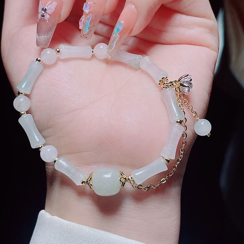 Buddha Stones Tianshan White Jade Bamboo Pattern Luck Blessing Bracelet 13