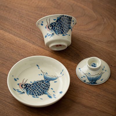 Buddha Stones Koi Fish Arowana Ceramic Gaiwan Sancai Teacup Kung Fu Tea Cup With Lid 130ml Cup BS 18