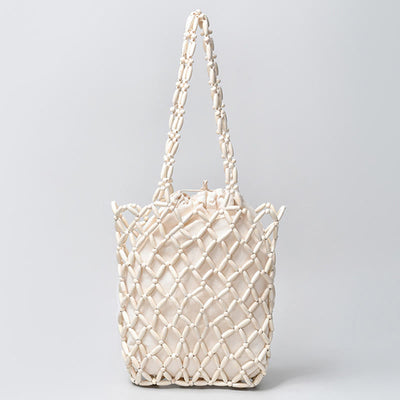 Buddha Stones Hand-woven Wooden Beads Shoulder Bag Handbag Shoulder Bag BS White 25*6*30cm