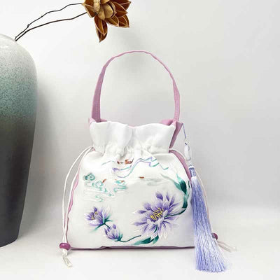 Buddha Stones Suzhou Embroidery Rabbit Lotus Epiphyllum Peony Magnolia Silk Tote Crossbody Bag Shoulder Bag Handbag Crossbody Bag BS Light Purple Lotus Fairy Deer 20*20*7cm