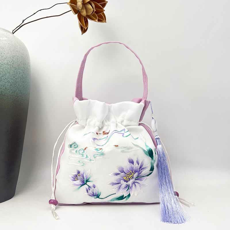 Buddha Stones Suzhou Embroidery Rabbit Lotus Epiphyllum Peony Magnolia Silk Tote Crossbody Bag Shoulder Bag Handbag Crossbody Bag BS Light Purple Lotus Fairy Deer 20*20*7cm