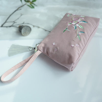 Buddha Stones Small Flower Plum Cherry Crane Peach Blossom Embroidery Canvas Wallet Shopping Purse Purse BS Pink Peach Blossom 21*13cm