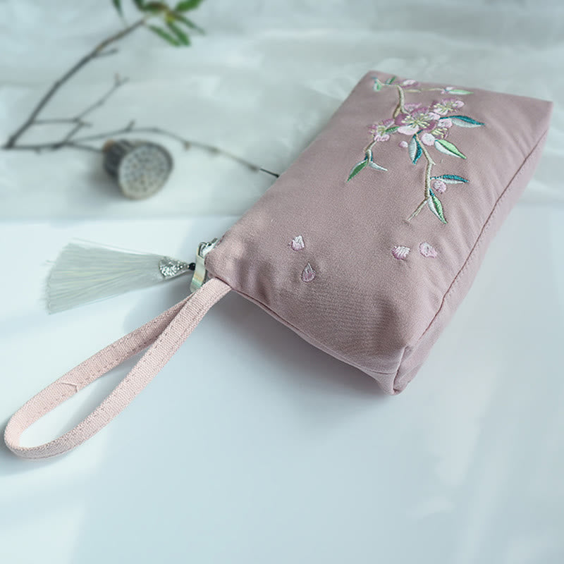 Buddha Stones Small Flower Plum Cherry Crane Peach Blossom Embroidery Canvas Wallet Shopping Purse Purse BS Pink Peach Blossom 21*13cm