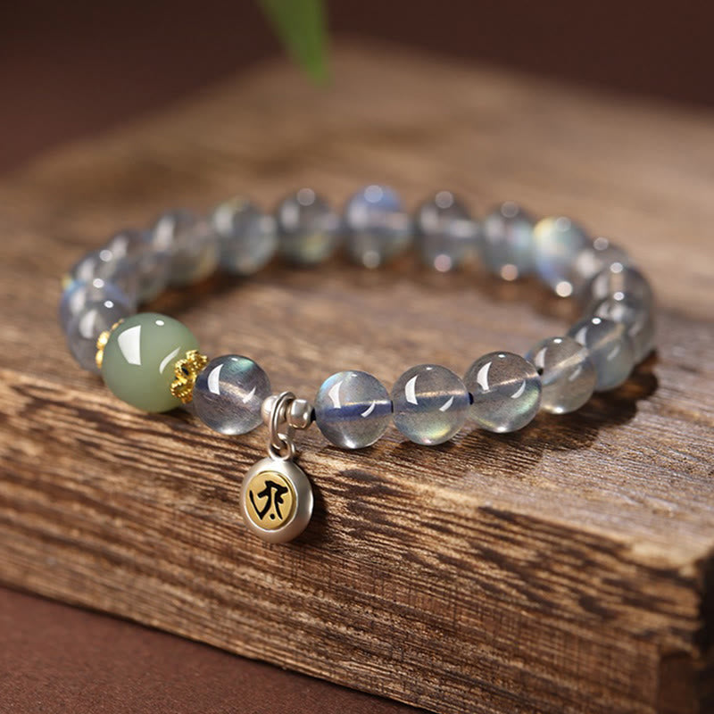 Buddha Stones Chinese Zodiac 925 Sterling Silver Natural Moonstone Hetian Jade Positive Bracelet - Dog/Pig(Wrist Circumference 15.5-16cm) - image 0