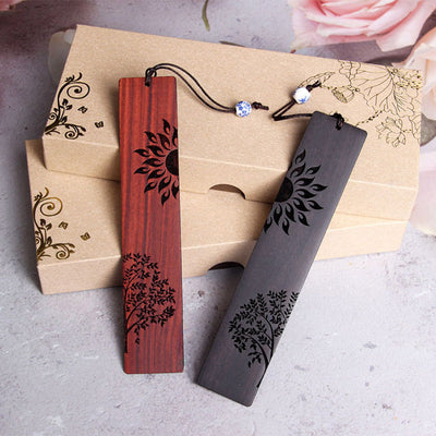 Foviel Sun Tree Ebenholz Holz kleine Blatt rote Sandelholz Lesezeichen mit Geschenk-Box