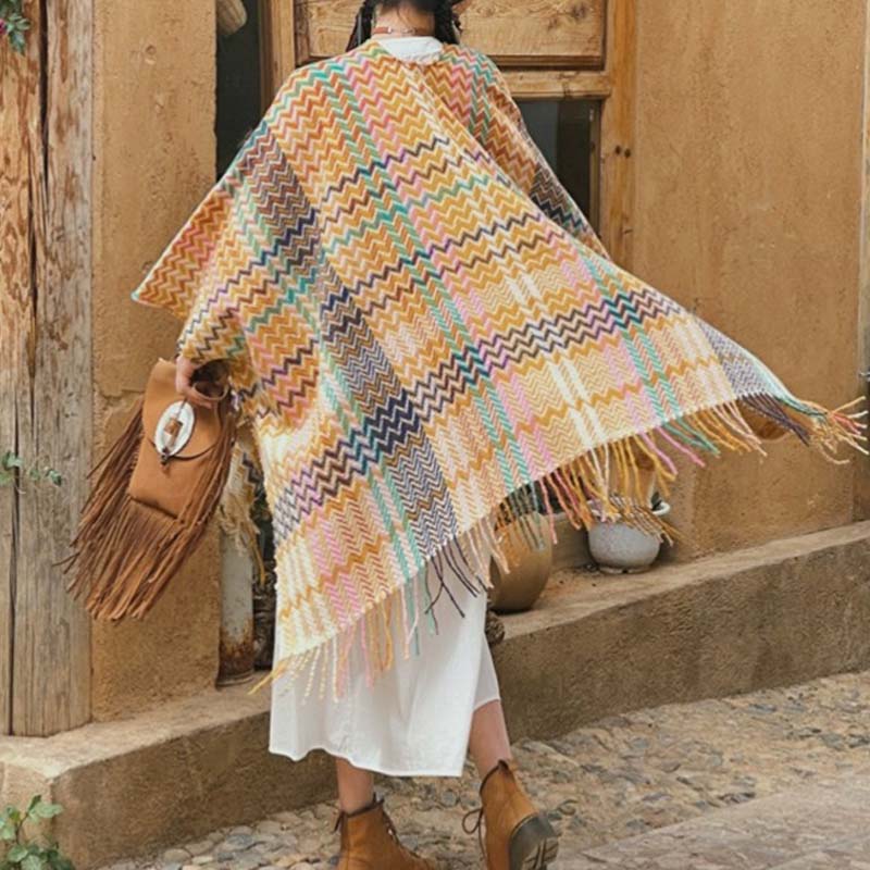 Buddha Stones Tibetan Shawl Colorful Wavy Striped Shapes Tassels Winter Cozy Travel Scarf Wrap - image 6