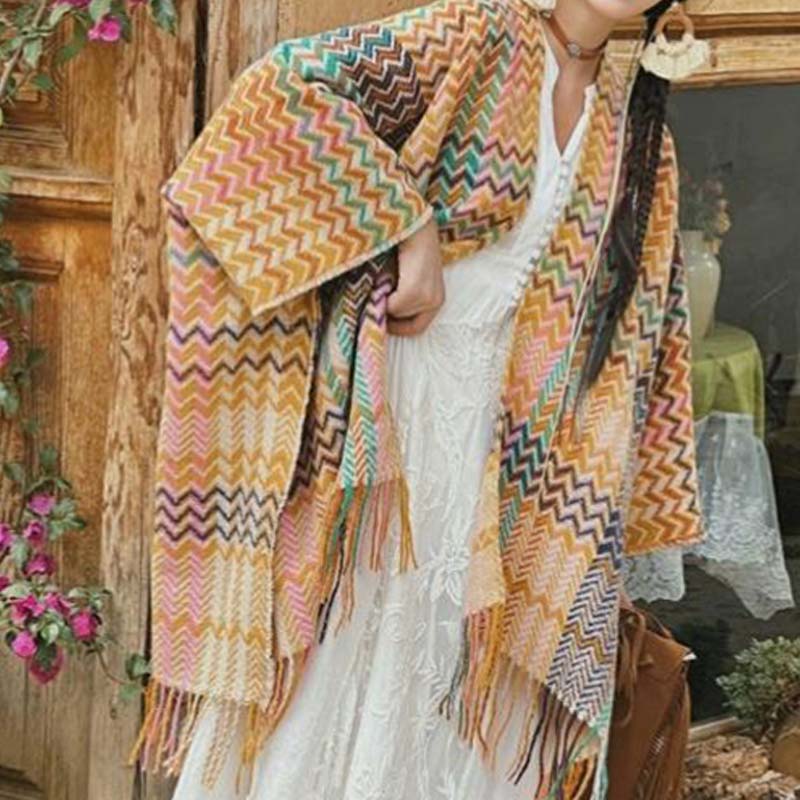 Buddha Stones Tibetan Shawl Colorful Wavy Striped Shapes Tassels Winter Cozy Travel Scarf Wrap - image 8