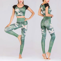 Foviel MdB 2St Lotus Phoenix Frühling Blumen Pfau Drucken Top Hosen Sport Fitness Yoga Damen Yoga Sets