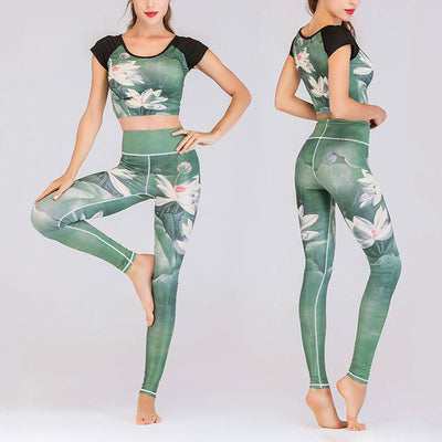 Foviel MdB 2St Lotus Phoenix Frühling Blumen Pfau Drucken Top Hosen Sport Fitness Yoga Damen Yoga Sets