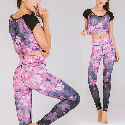 Foviel MdB 2St Lotus Phoenix Frühling Blumen Pfau Drucken Top Hosen Sport Fitness Yoga Damen Yoga Sets