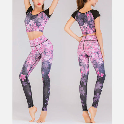 Foviel MdB 2St Lotus Phoenix Frühling Blumen Pfau Drucken Top Hosen Sport Fitness Yoga Damen Yoga Sets