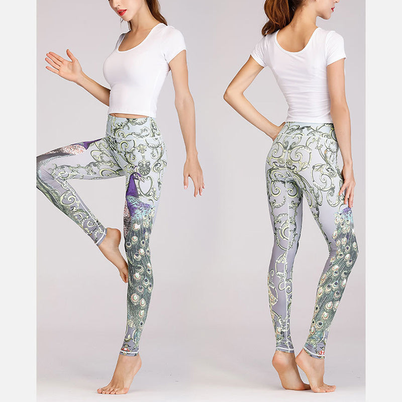 Foviel MdB 2St Lotus Phoenix Frühling Blumen Pfau Drucken Top Hosen Sport Fitness Yoga Damen Yoga Sets