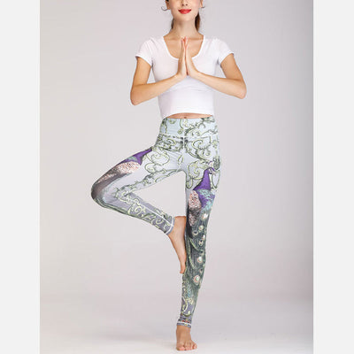 Foviel MdB 2St Lotus Phoenix Frühling Blumen Pfau Drucken Top Hosen Sport Fitness Yoga Damen Yoga Sets