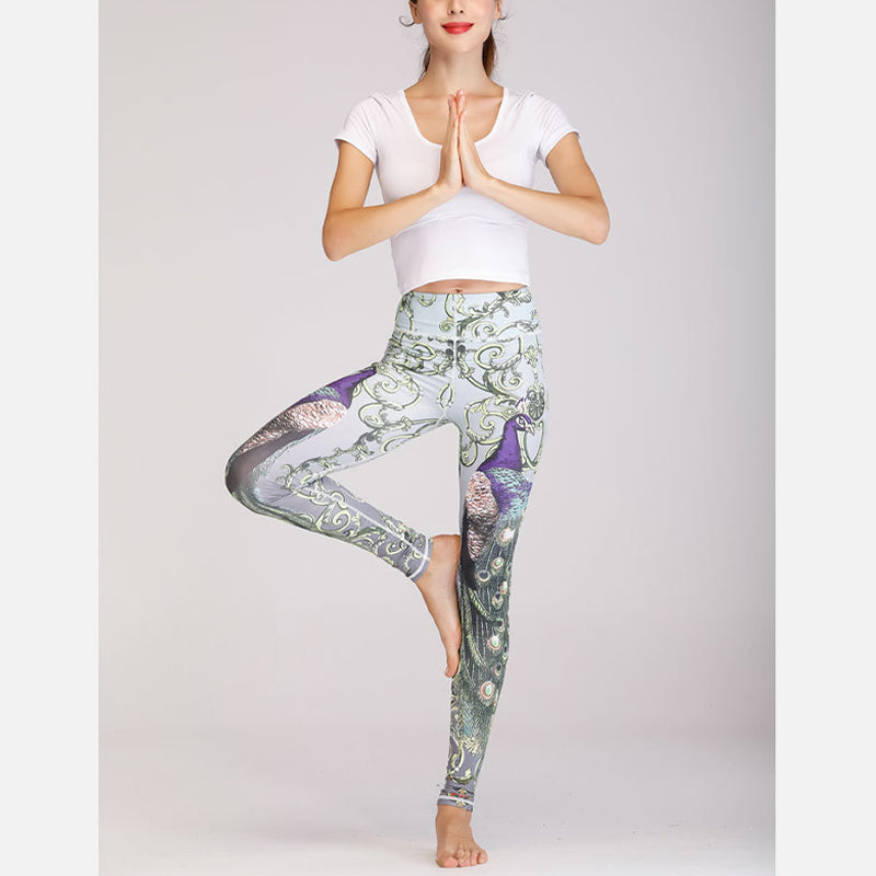 Foviel MdB 2St Lotus Phoenix Frühling Blumen Pfau Drucken Top Hosen Sport Fitness Yoga Damen Yoga Sets