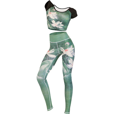 Foviel MdB 2St Lotus Phoenix Frühling Blumen Pfau Drucken Top Hosen Sport Fitness Yoga Damen Yoga Sets