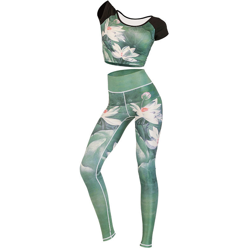 Foviel MdB 2St Lotus Phoenix Frühling Blumen Pfau Drucken Top Hosen Sport Fitness Yoga Damen Yoga Sets